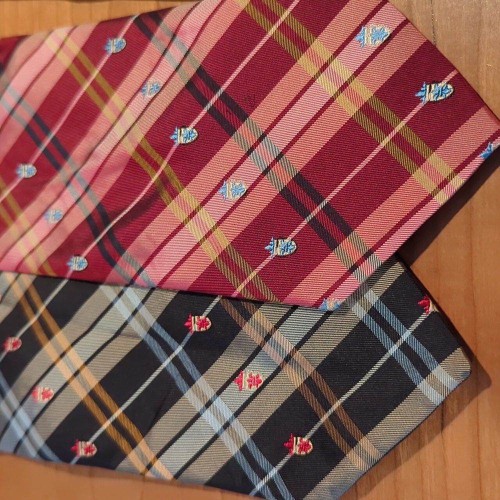 Davies of London 38 Savile Row two EUK silk plaid ties, red and blue.